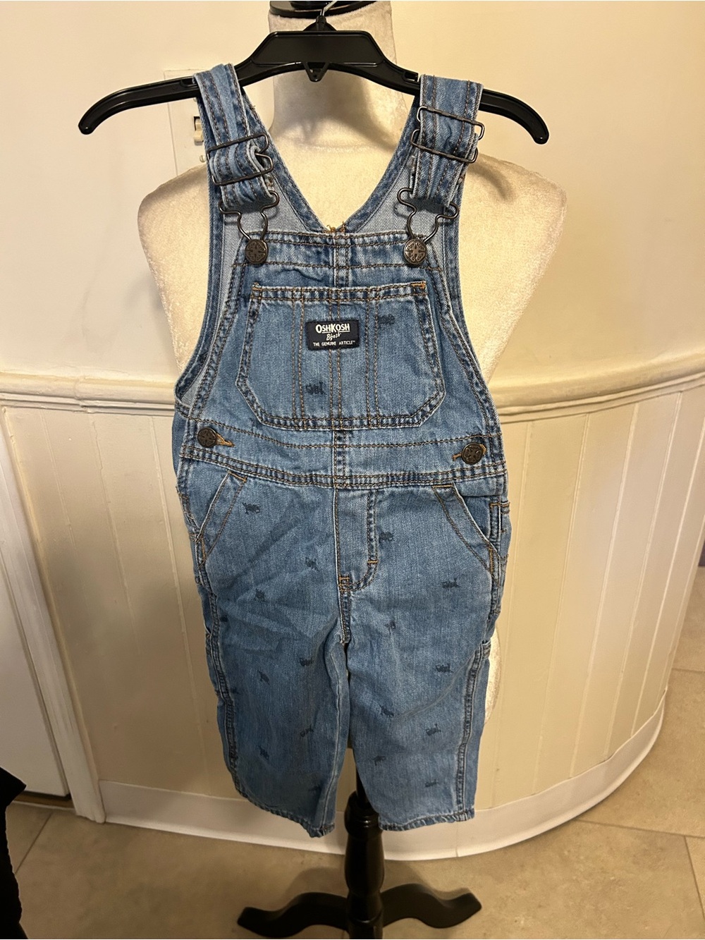 OshKosh B'gosh Toddler 2T Denim Train Print Overalls Retro Light Wash Jeans
